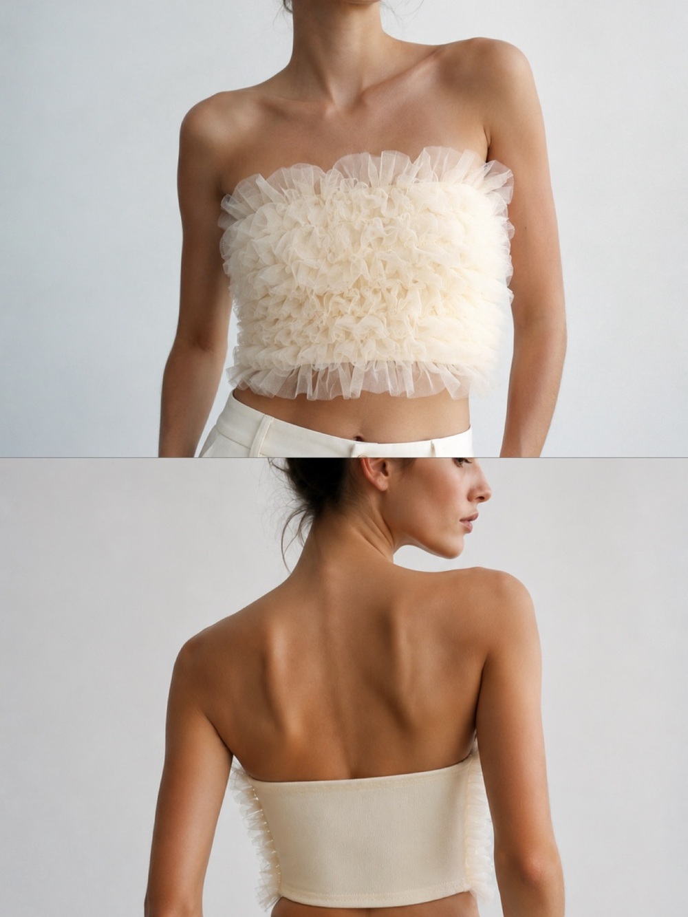 MABLE Strapless Ruffle Tulle Crop Top in Cream